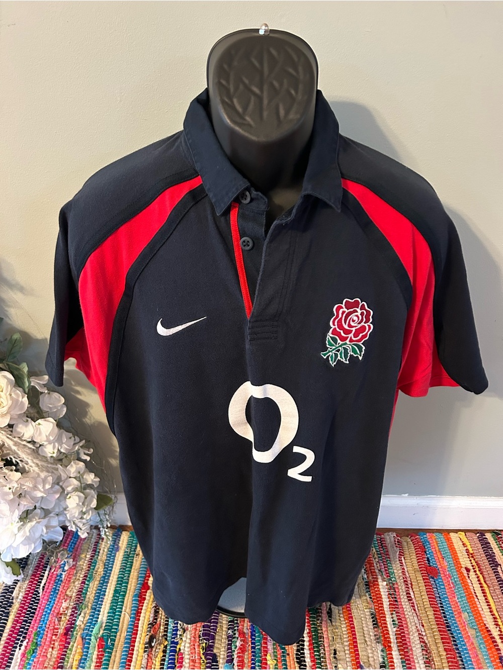 NEW Nike Swoosh England Rugby Polo Shirt Rose O2 Logo Sport Athletic Large